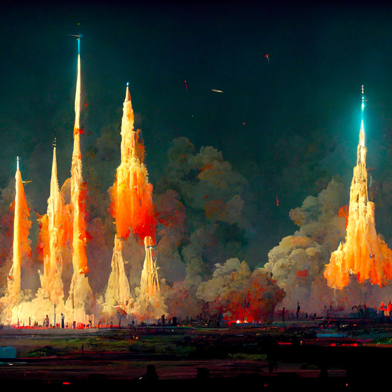 AI generated image of rocket ships blasting off into space