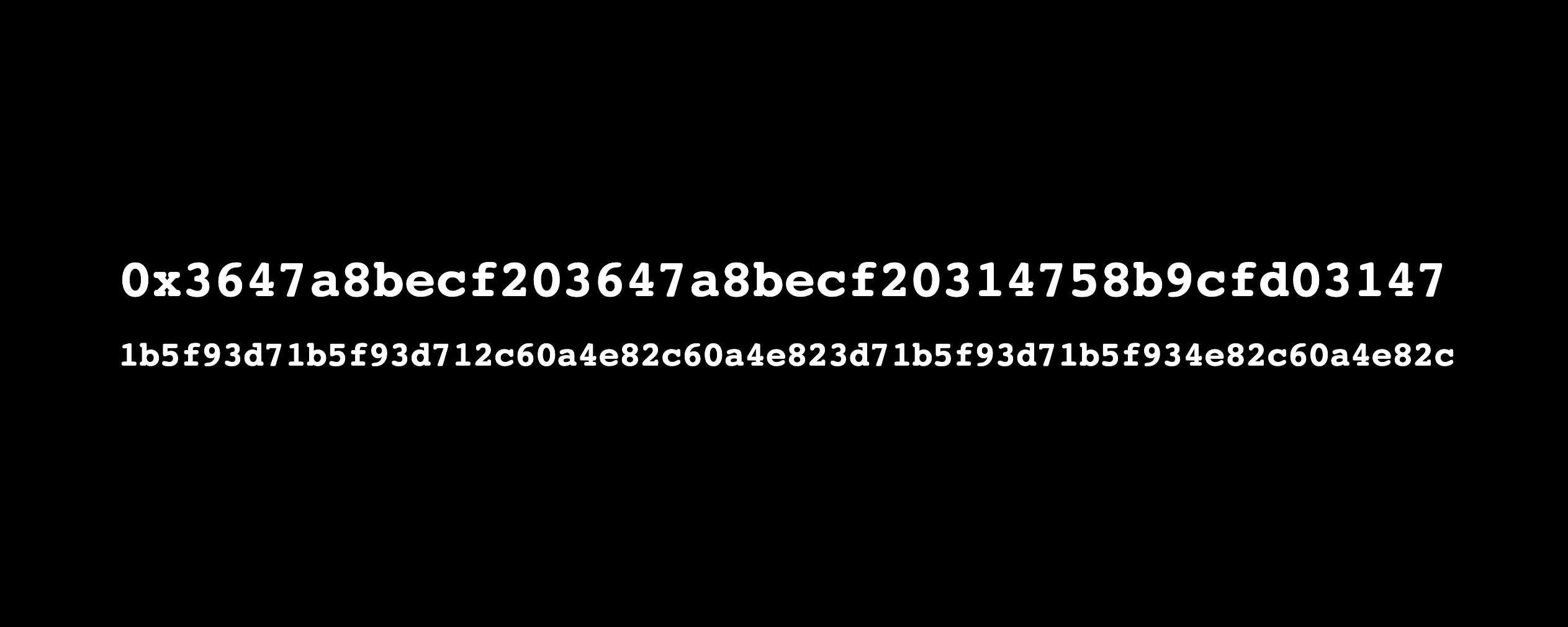 Two lines of randomized, white, hexadecimal characters centered on a black background. The first line is 40 characters long and reads: 0x3647a8becf203647a8becf2031475869cfd03147. The second line is 64 characters long and reads: 1b5f93d7165193d712c60a4e82c60a4e823d7165£93d71651934e82c60a4e82c