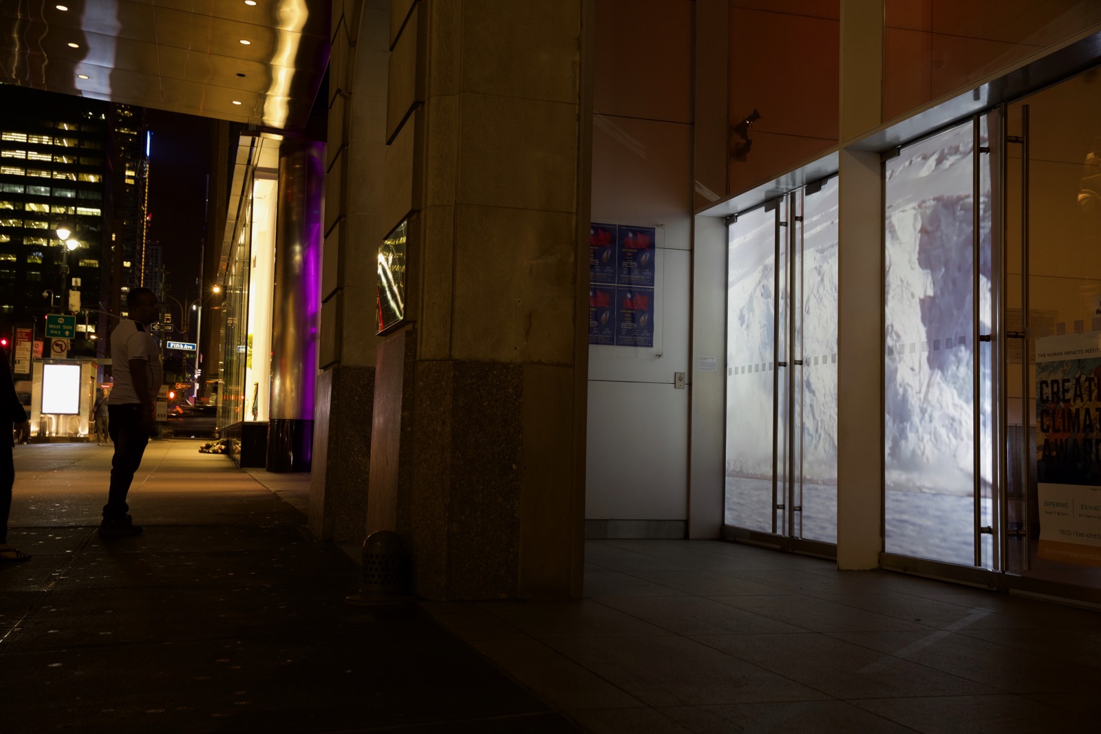 Small thumbnail image of Nighttime photograph of a city street—a street sign in the far background says 'Fifth Avenue.' On the left side is a passerby who has stopped and is looking at the projection of an arctic scene (glaciers) in the windows of the building on the right.