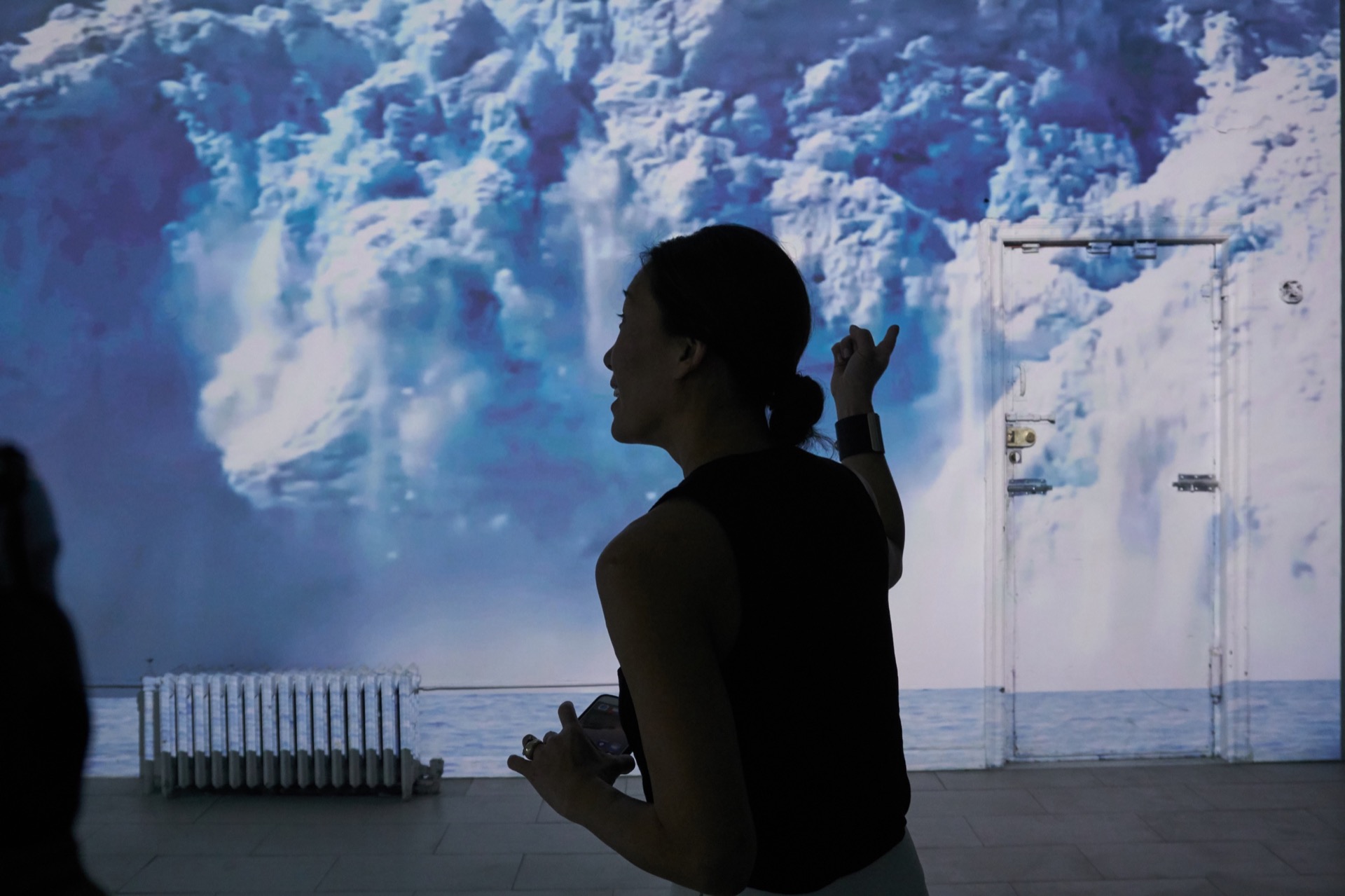 Small thumbnail image of Close-up photograph of a person's head, in 3/4 profile in the middle of the frame. She is pointing to the wall behind her, onto which is projected an image of a glacier collapsing. She appears to be saying something.