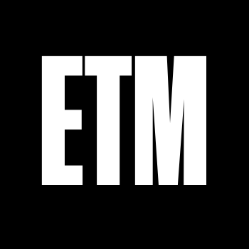 Graphic, black background, "ETM" in white in the foreground