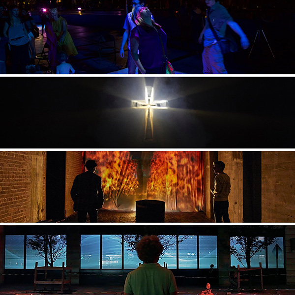 A compilation of 4 photos of different nighttime video installations arranged in vertical strips