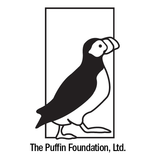 
Black and white outlined illustration of a penguin framed by a vertical rectangle with the words "The Puffin Foundation Ltd." displayed along the bottom