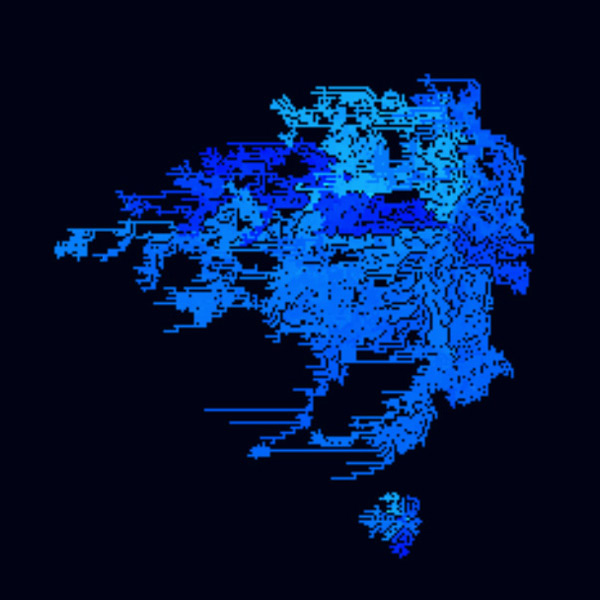 Digitally organic multishaded blue form on black background
