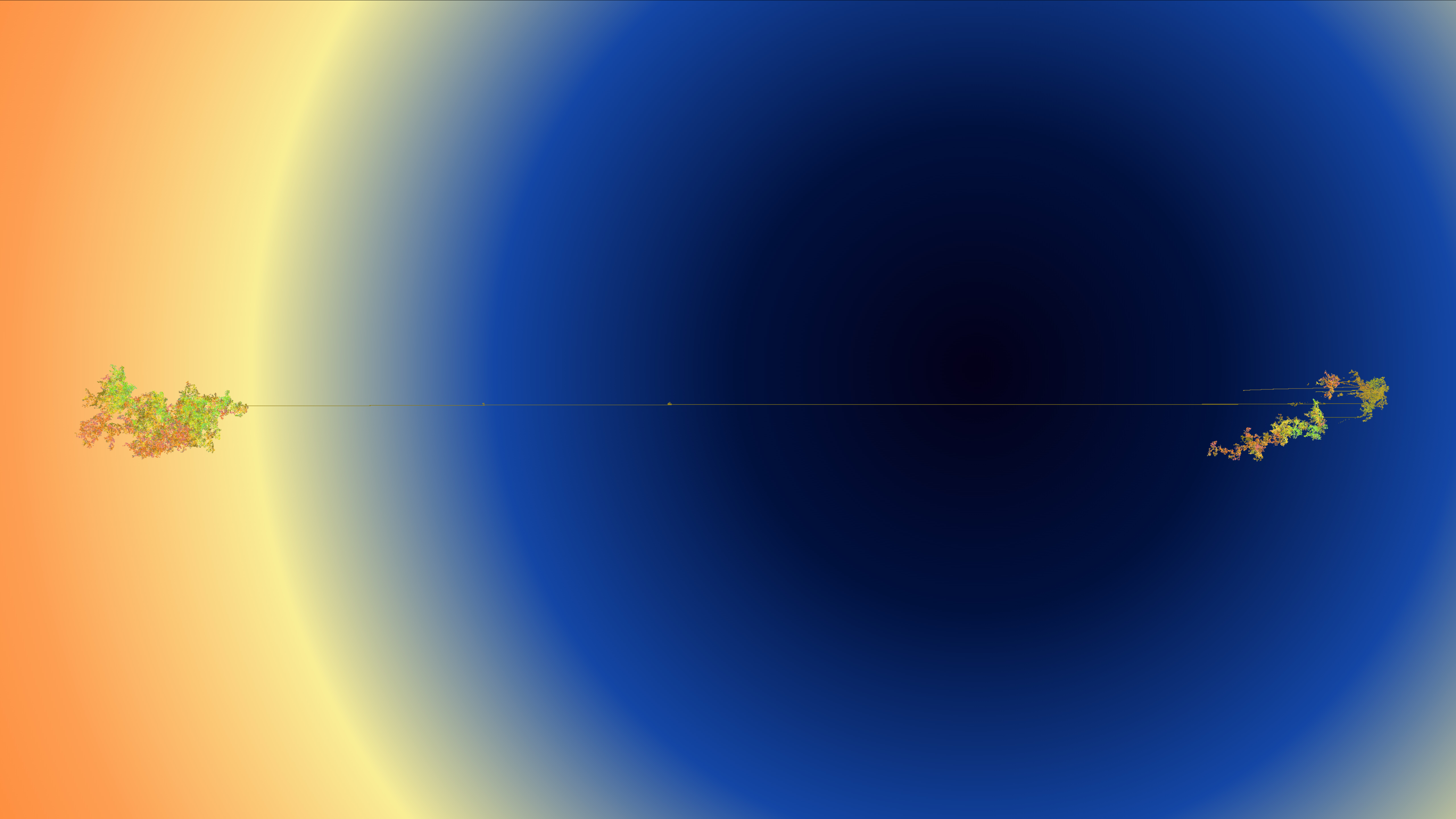 A very long barbell-shaped algorithmically generated yellow/orange/greenish form yo-yos horizontally, back and forth, against a subtly shifting radial gradient that goes from a deep dark blue at its origin,  to a royal blue, passes through a pale yellow band before fading out to a light orange. The barbell shaped form increases in size after every horizontal pass while the radial gradient behind it slowly shifts its origin point.