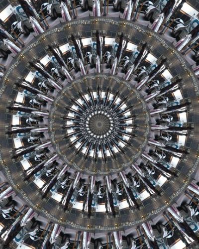 Algorithmically generated kaleidoscopic image consisting of a series of infinite-mirror-esque concentric discs, each one subdivided into multiple tranches that show the same image, albeit rotated by a consistent amount across the disc. In this case, the image that gets repeated across all discs at different angles is a photograph of a tall figure in a black coat holding white shopping bags. In the background is a white mini truck with a painted blue logo on its surface.