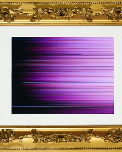Photograph of an artwork consisting of several hundred strongly horizontal purple and pink lines in many different shades emanating from a deep black patch of solid color on the left. The artwork has a white, matte border and a rich, golden, and highly ornate frame.