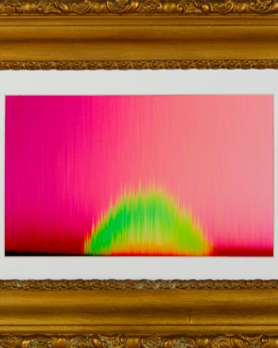 Photograph of an artwork consisting of a lime green half dome of sharp vertical lines in the middle of the frame that clash vibrantly with a pinkish-magenta linearly striated background. The artwork has a white, matte border and a rich, golden, and highly ornate frame.