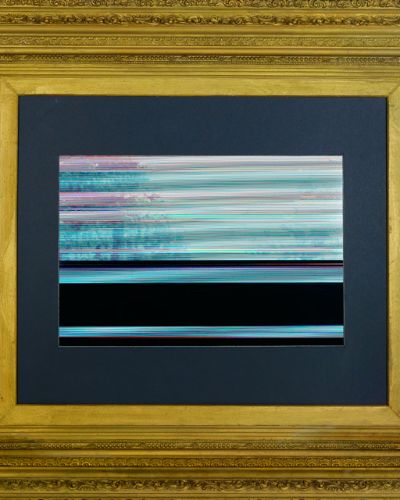 Photograph of an artwork consisting of a somewhat discernible landscape cast in a cyan hue punctuated by a few black horizontal bars overlaid with simultaneously wavy yet straight angled lines. The artwork has a black, matte border and a rich, golden, and highly ornate frame.
