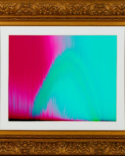 Photograph of an artwork consisting of a frenetic, neon green arch in the middle of the frame which bisects the magenta/lime green colorfield background. The artwork has a white, matte border and a rich, golden, and highly ornate frame.