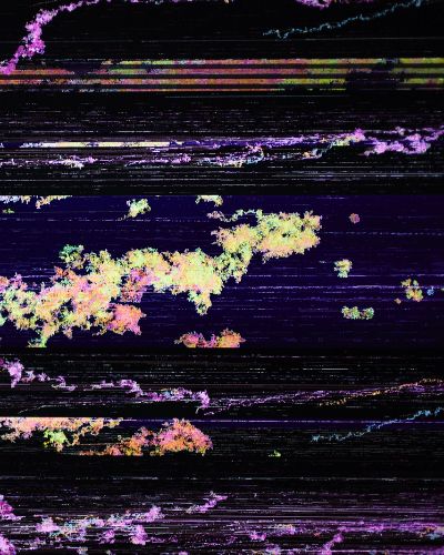 Close-up photograph of the image above which shows mostly orange organically shaped pixel clusters punctuated by two black-background horizontal rows of varying heights; set against a royal purple background.
