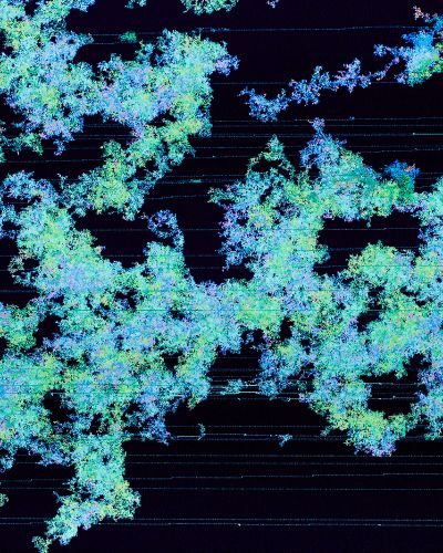 Close-up photograph of the above artwork showing a blooming mass of teal, turquoise, and bluish/purplish pixel clusters, with digital barbed wire&mdash;looking strands running across the surface of the image from left to right.