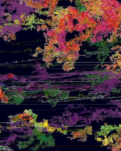 Multi-colored digital constellation of brightly colored, slightly pixelated, organically shaped digital blobs on a black background