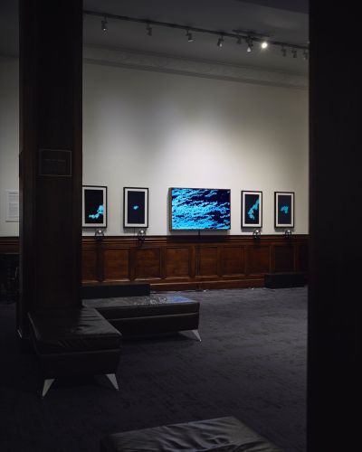 Photograph, taken from afar, of five teal blue artworks hung on a white wall with three-foot-tall wood paneling. In the foreground is a large, cavernous space with gray carpeting and large, gray leather lounge couches.