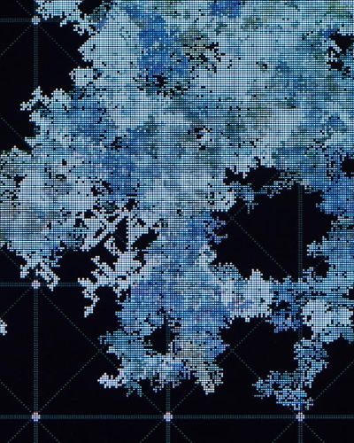 Extreme close-up of a digital display showing a very pixelated yet organic-ish form that takes up most of the image like a blob feasting on negative space; its form consisting of hundreds of different pixels, each one a different shade ranging from dark blue to light turquoise on a black gridded background