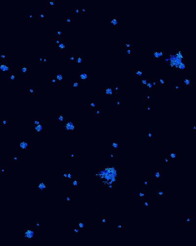 A rotating point cloud of over three hundred "points," where each point is an pixelated organic mass of various shades of blue, white, and gray pixels of varying sizes