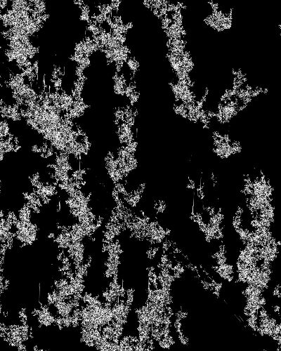 An animated, rotating constellation of organically shaped black and white clusters of pixels on a alternating white and black background, which zooms in and out of itself in a seemingly random sequence