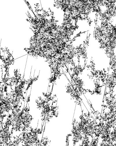 An animated, rotating constellation of organically shaped black and white clusters of pixels on a alternating white and black background, which zooms in and out of itself in a seemingly random sequence