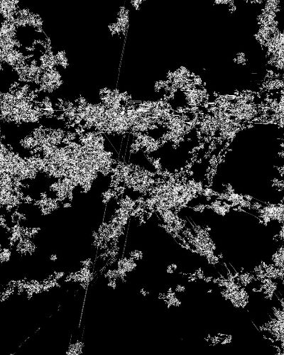 An algorithmically generated image of a constellation of white clusters of pixels on a black background