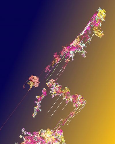 An algorithmically generated animation of a predominantly yellow, pink, white, and orange organically shaped, long digital form that glides across the page along an upwardly diagonal trajectory from left to right