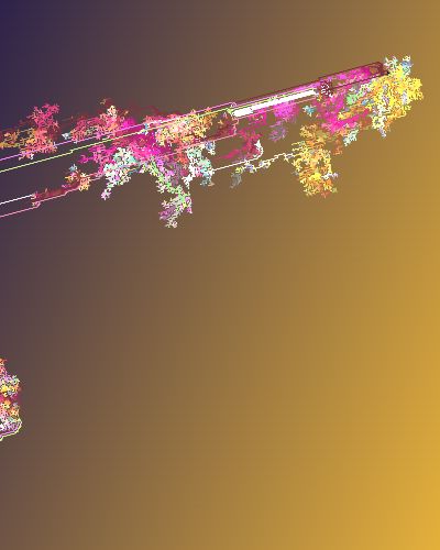 An algorithmically generated animation of a predominantly yellow, pink, white, and orange organically shaped, long digital form that glides across the page along an upwardly diagonal trajectory from left to right