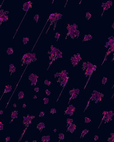 Algorithmically generated animation depicting a white circle that grows and shrinks and which contains dozens and dozens of uniquely shaped, florescent pink/purple digital amoeba-looking forms against a deep, deep purple background