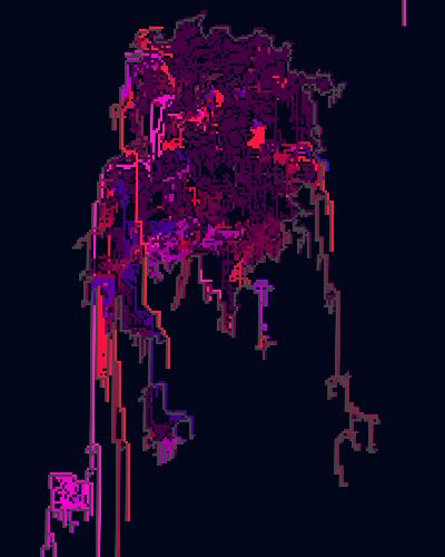 Close up of an algorithmically generated image of a conical yellow-to-purple gradient in the center, with a yellow beam originating from the center of the image at a 45 degree angle loosely surrounded by a half-frame of pinkish and yellow digital clusters