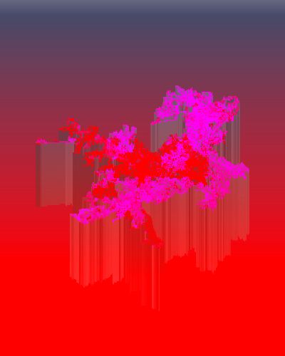 Algorithmically generated image of a contiguous cluster of organically shaped hot-pink or bright red pixels, each pixel sitting a top one another, seemingly building a "tall pixel wall" on top of which sits a continent of colorful pixels; against a blood red to navy to white gradient background