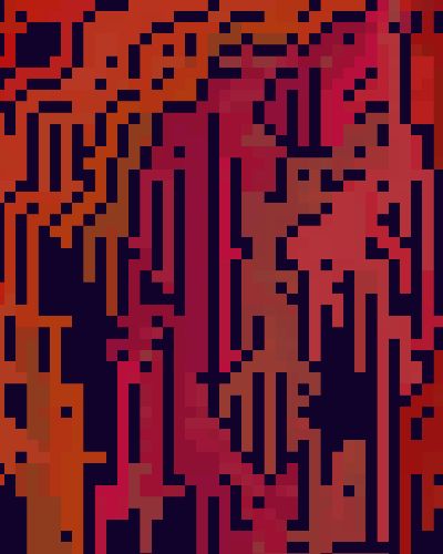 Algorithmically generated image of a vertically-centered, red, organically shaped cluster of pixels facing slightly downward against a deep purple background