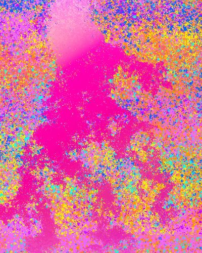 Animation of a programmatically generated, horizontally contiguous, pink, orange, yellow, and white organically shaped cluster of pixels. This form goes back and forth&mdash;from left to right and then right to left&mdash;across the screen on loop, against a multi-colored, splattered background of the same colors.