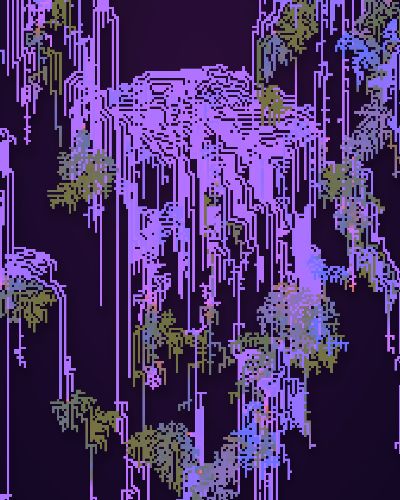 Programmatically generated animation of a very tall, organically shaped cluster of electric purple, pink, olive green, and lavender pixels that generally moves from bottom to top; against a deep bluish-purple background