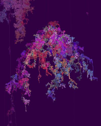 Expansive, programmatically generated series of uniquely shaped, predominantly horizontal, sometimes overlapping, multicolored pixel clusters spread out across a dark purple background