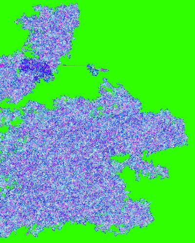 Algorithmically created, organically shaped, highly saturated blue, magenta, cyan, and white clumps of pixels against a sharply fluorescent green background