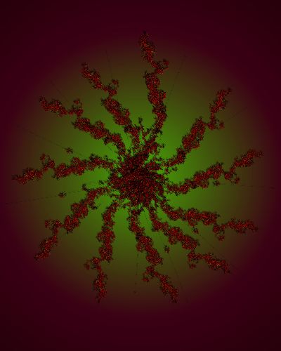 Algorithmically generated animation of a deep red, starfish-like tentacled mass of pixels blob arms rotating around a clumpy center point against a glowing radioactive green background that dissolves into reddish-black the further it gets from the center