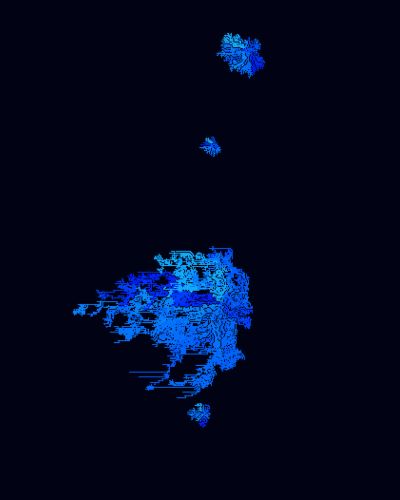 Algorithmically generated image consisting of hundreds of light blue, organically-shaped pixelated clusters against a deep, deep blue background