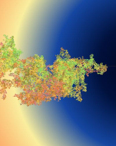Screenshot of a slightly zoomed in algorithmically generated yellow/orange/greenish form, vaguely in the shape of a crustacean, against a radial gradient that goes from a deep dark blue at its origin, to a royal blue, passes through a pale yellow band before fading out to a light orange.