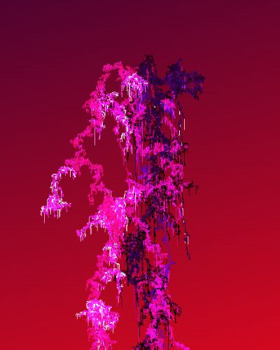 Algorithmically generated image depicting clusters of pink, purple, deep blue, and white highlighted pixels, dripping downwards, against a purple to red gradient background which shines through the negative space generated by the pixel clusters