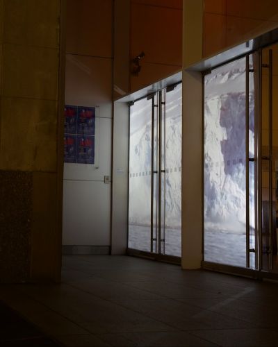 Nighttime photograph of a city street&mdash;a street sign in the far background says 'Fifth Avenue.' On the left side is a passerby who has stopped and is looking at the projection of an arctic scene (glaciers) in the windows of the building on the right.