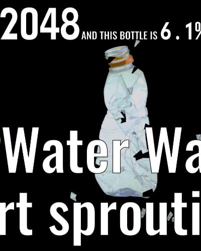 Screenshot that says "It is 2048 and this bottle is 6.1% disintegrated" on top; in the middle of the image is a photograph of a plastic bottle, and on the bottom is the text "Water Wars sprout up everywhere" sandwiched between two gun emojis; black background