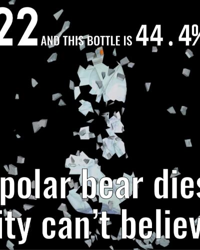 Screenshot that says "It is 2222 and this bottle is 44.4% disintegrated" on top; in the middle of the image is a photograph of a plastic bottle, and on the bottom is the text "Last polar bear dies and humanity can&rsquo;t believe itself" sandwitched between two gun confused-face emojis; black background