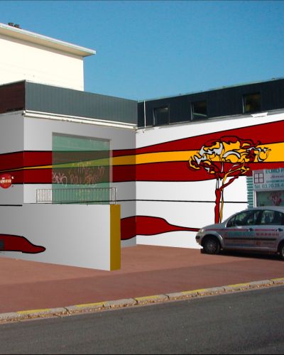 Photograph/realistic rendering of the side of a building with a car parked out front. On the facade of the building is a large mural depicting an abstract rendering of a predominantly burgundy and golden yellow landscape with two trees at the far ends connected by a flowing burgundy band.