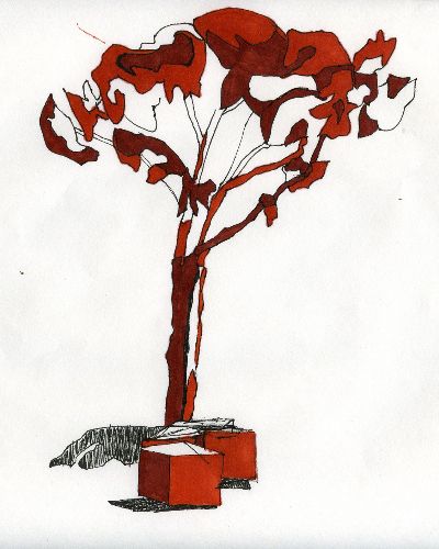 Four-color marker drawing of a minimalistic tree on white paper. The tree has blobby burgundy and burnt orange leaves, a burgundy and white trunk, and has two geometric cubes at its base. It casts a black 12 o'clock shadow.