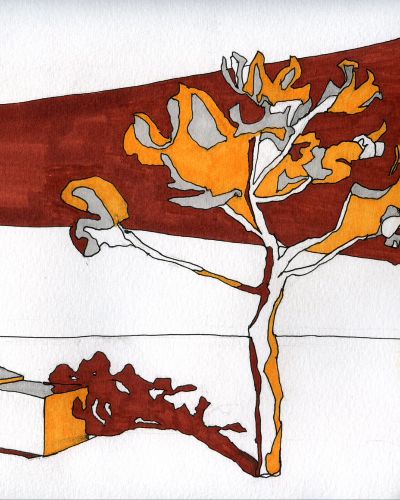Four-color marker drawing of a minimalistic tree landscape on white paper. A yellow, gray, and burgundy-colored tree sits on the left of the page, casting a solid burgundy 10 o'clock shadow. To the left of the tree are three yellow, gray, and white cubes, and in the background is a swooping burgundy band.