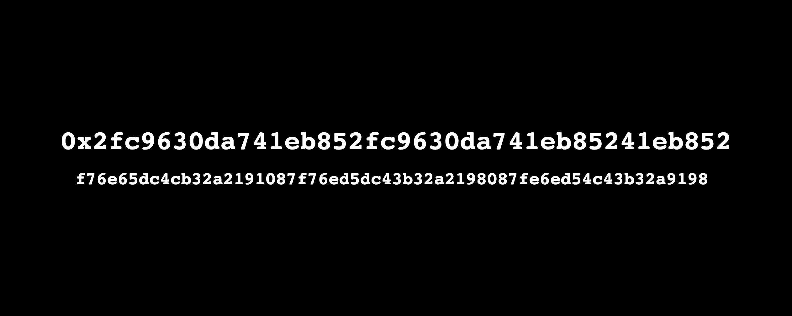 Two lines of randomized, white, hexadecimal characters centered on a black background. The first line is 40 characters long and reads: 0x21c9630da741eb8521c9630da741eb85241eb852. The second line is 64 characters long and reads: F76e65dc4cb32a219108776ed5dc43632a2198087e6ed54c43632a9198