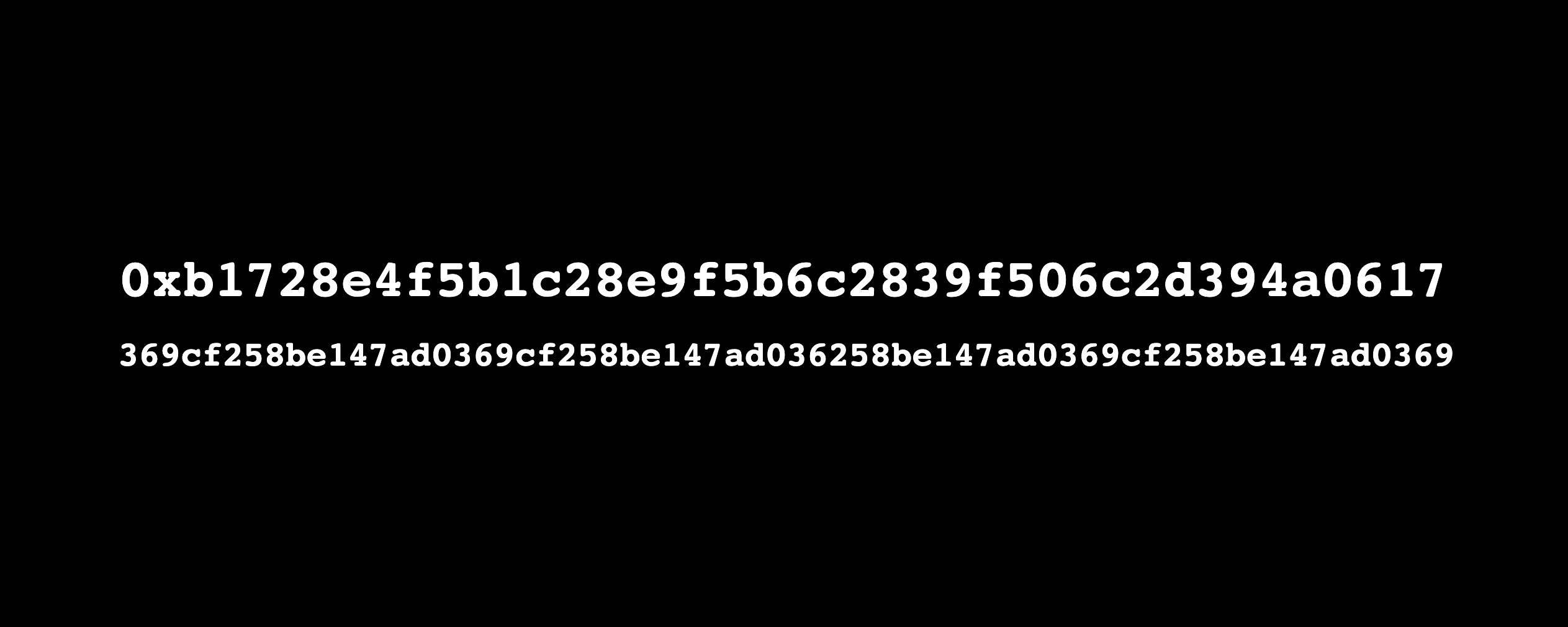 Two lines of randomized, white, hexadecimal characters centered on a black background. The first line is 40 characters long and reads: Oxb1728e4f5b1c28e95662839506c2d394a0617. The second line is 64 characters long and reads: 369c1258be147ad0369c1258be147ad036258be147ad0369cf258be147ad0369
