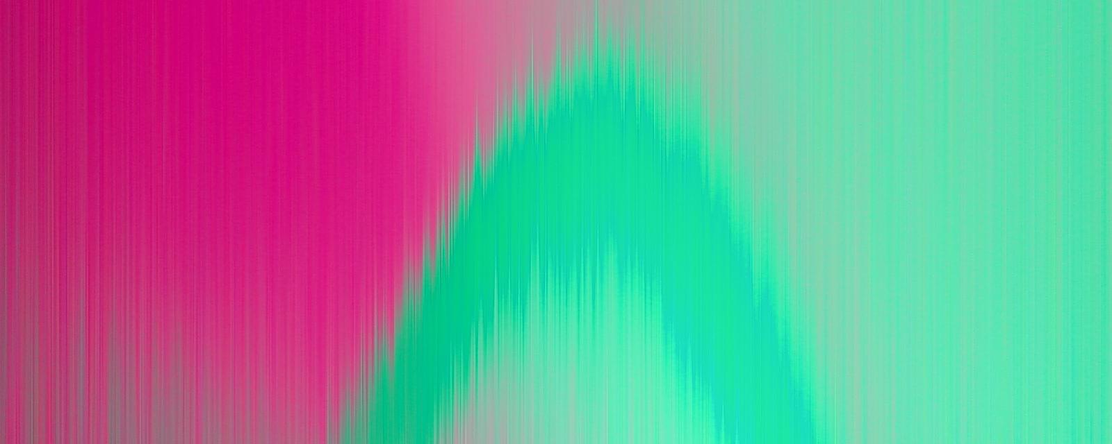 Very bright and sharp pixelated image consisting of multiple gradients from yellow-green on the left to pink/magenta on the right; also a cyan to magenta to black gradient runs along the very bottom of the image. All gradients are striated as thought like digital hair.