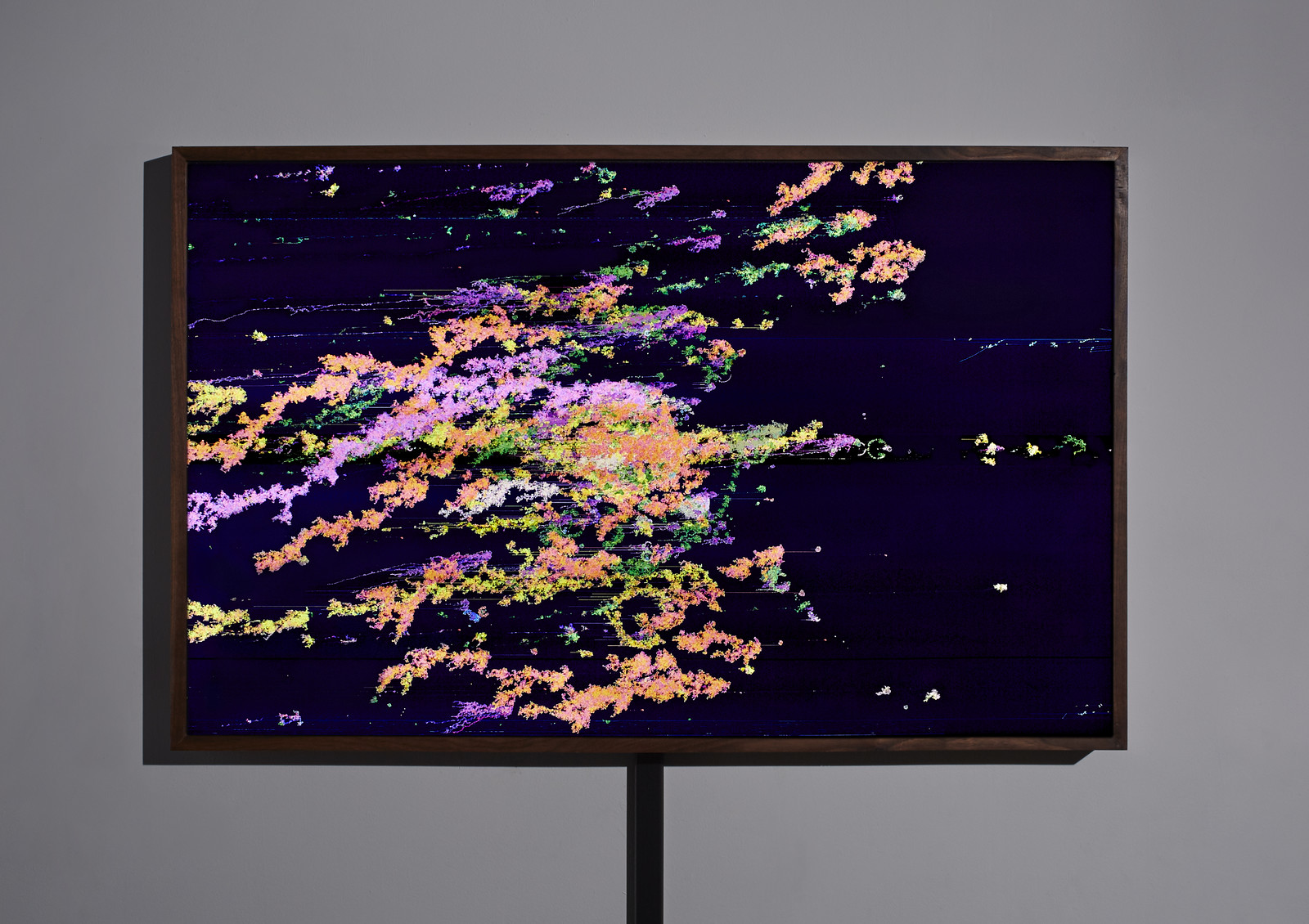 Photograph of a wooden-framed, illuminated artwork hanging on a gray wall showing a swirling mass of yellow, peach, pink, white, and green mostly stringified forms, seemingly revolving around a sun-like mass in the middle of the artwork; set against a deep blue background.