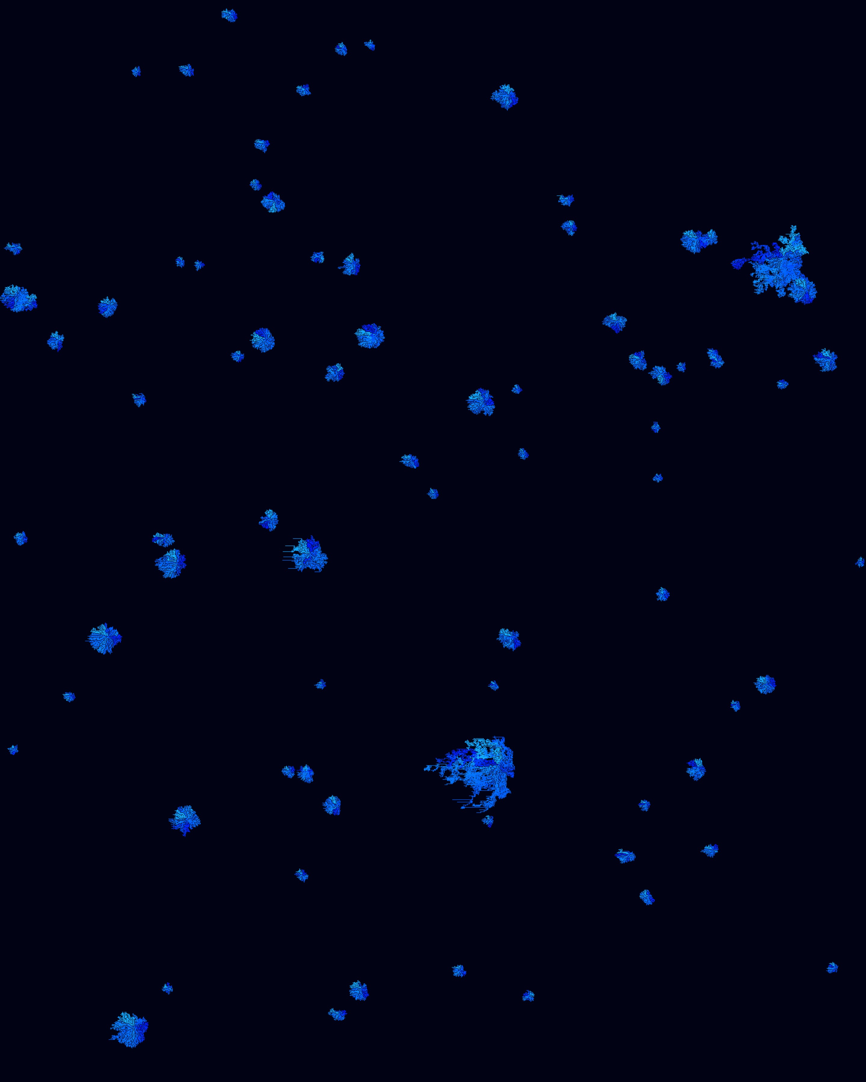 A rotating point cloud of over three hundred "points," where each point is an pixelated organic mass of various shades of blue, white, and gray pixels of varying sizes