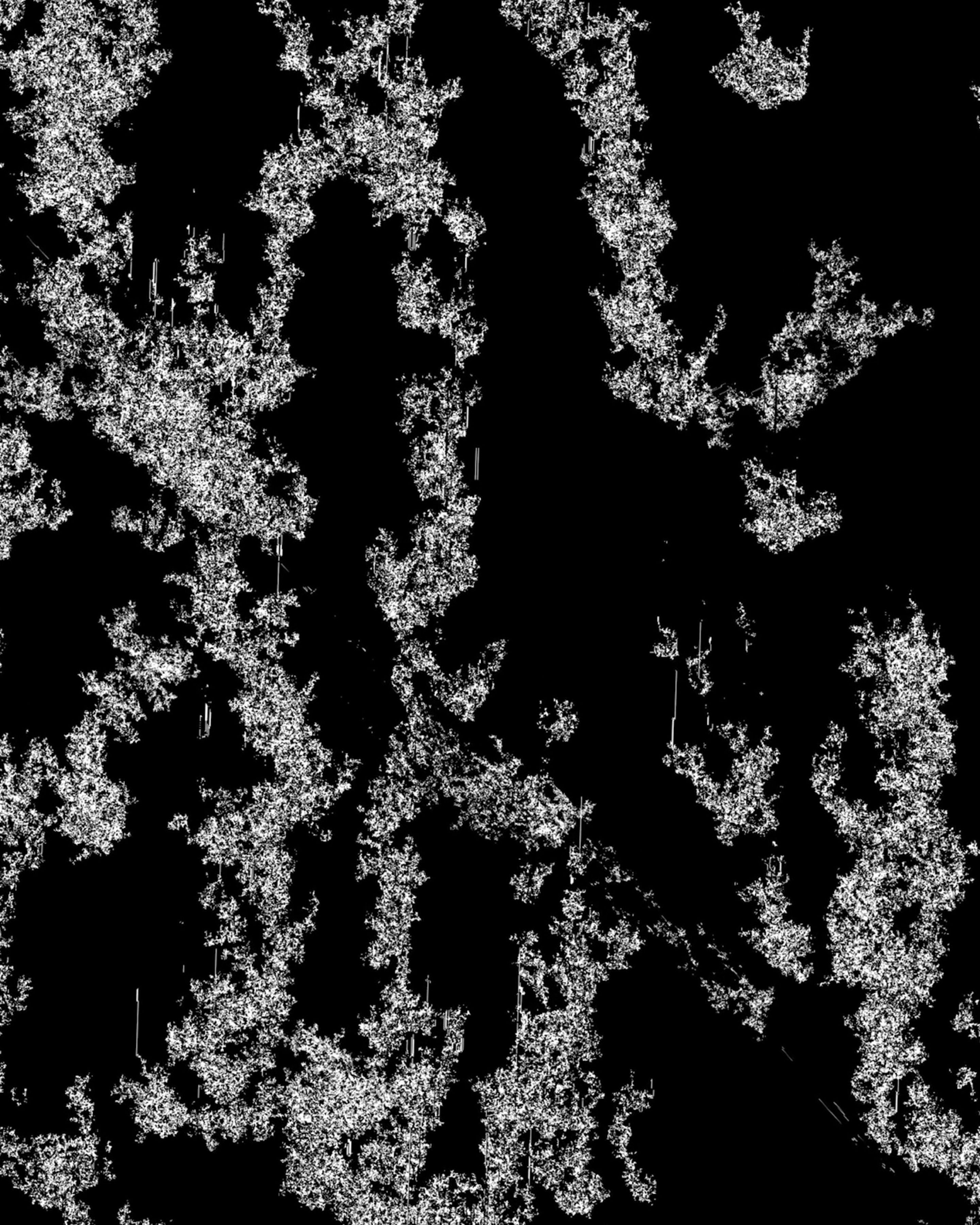 An animated, rotating constellation of organically shaped black and white clusters of pixels on a alternating white and black background, which zooms in and out of itself in a seemingly random sequence