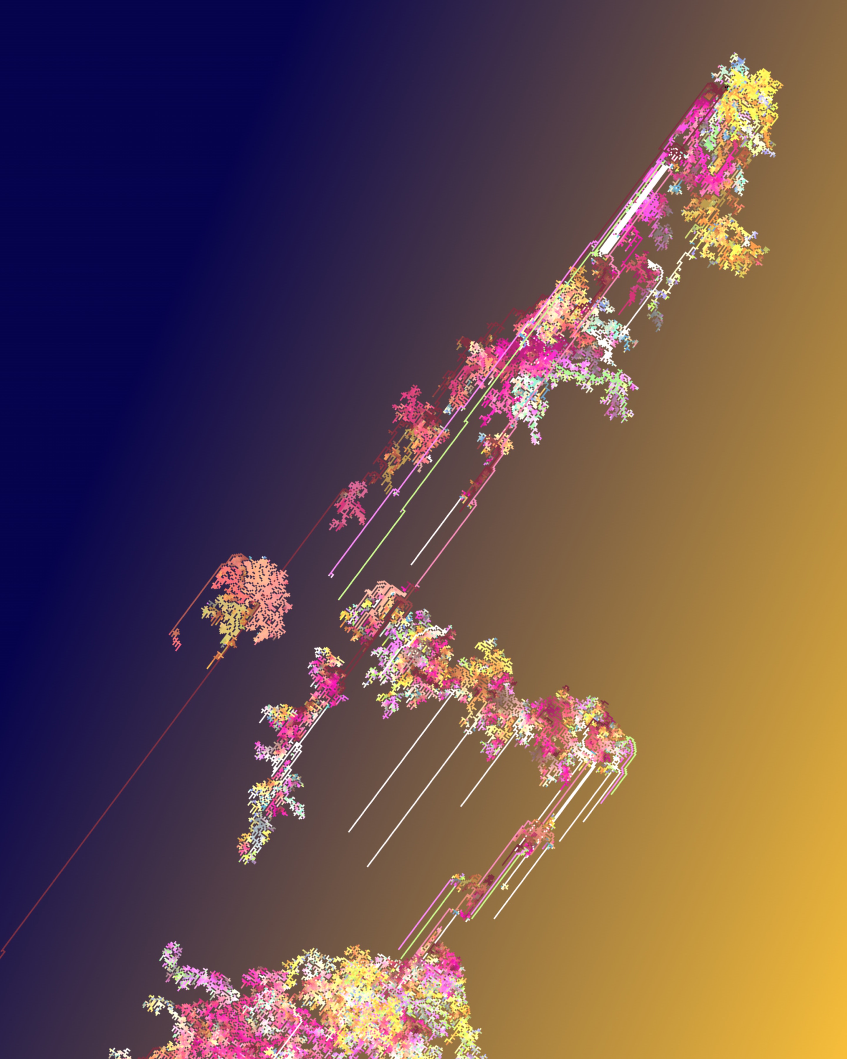 An algorithmically generated animation of a predominantly yellow, pink, white, and orange organically shaped, long digital form that glides across the page along an upwardly diagonal trajectory from left to right